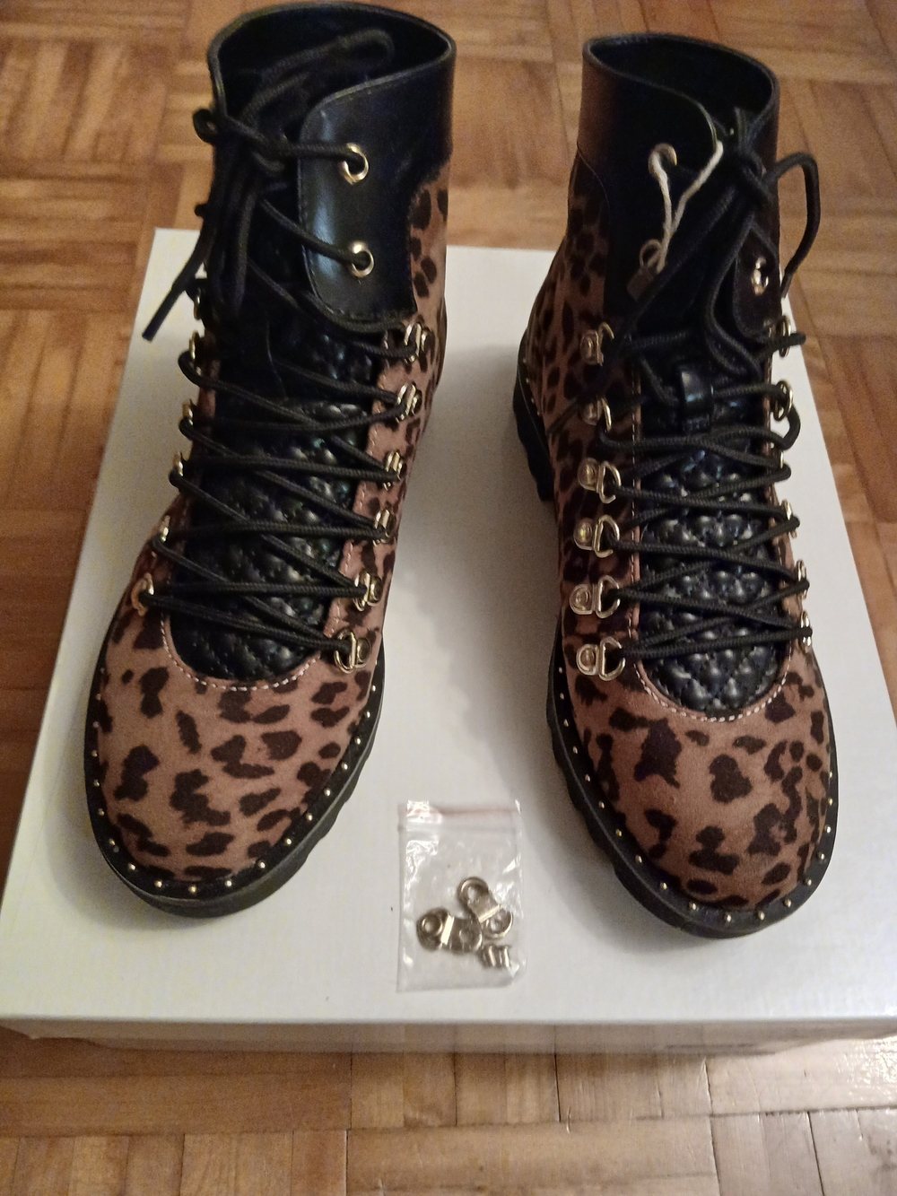 Twin-Set Leopard Print Lace-Up Ankle Boots with Black Trim